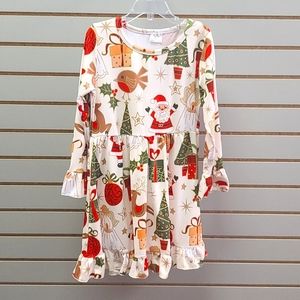 LAST ONE LEFT!Cream Santa Christmas dress with Christmas trees and presents